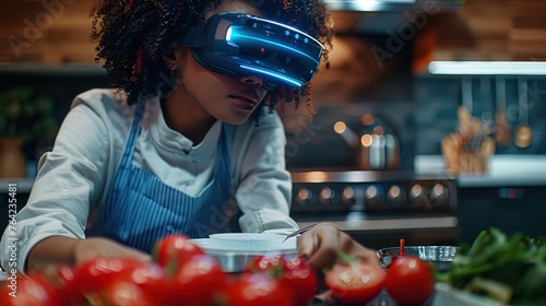 Modern housewife navigates culinary adventures with virtual reality goggles, blending traditional