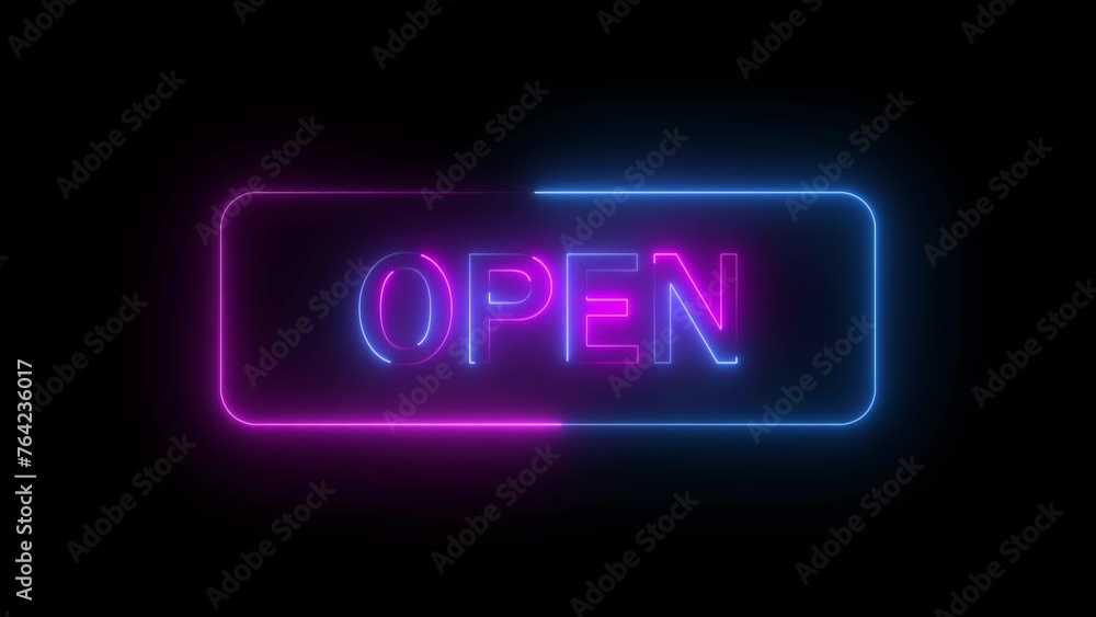 4K Ultra Hd. Open text animation. Neon and blue electric effect on letters. Video clip for online shop, blog, web, cafe, hotel. Open neon sign. 4K Ultra Hd. Open text animation. Neon and blue electric effect on letters. Video clip for online shop, blog, web, cafe, hotel. Open neon sign.