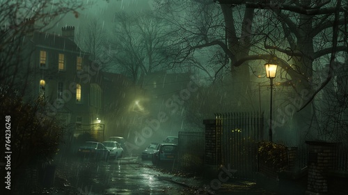 a street with cars parked on the side of it at night time © progressman