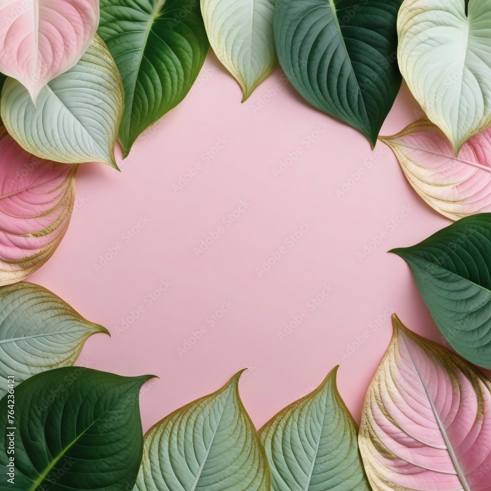 Φωτογραφία Pastel Pink Background with Pink and Green Caladium Leaf Garland: Page Edge Deco