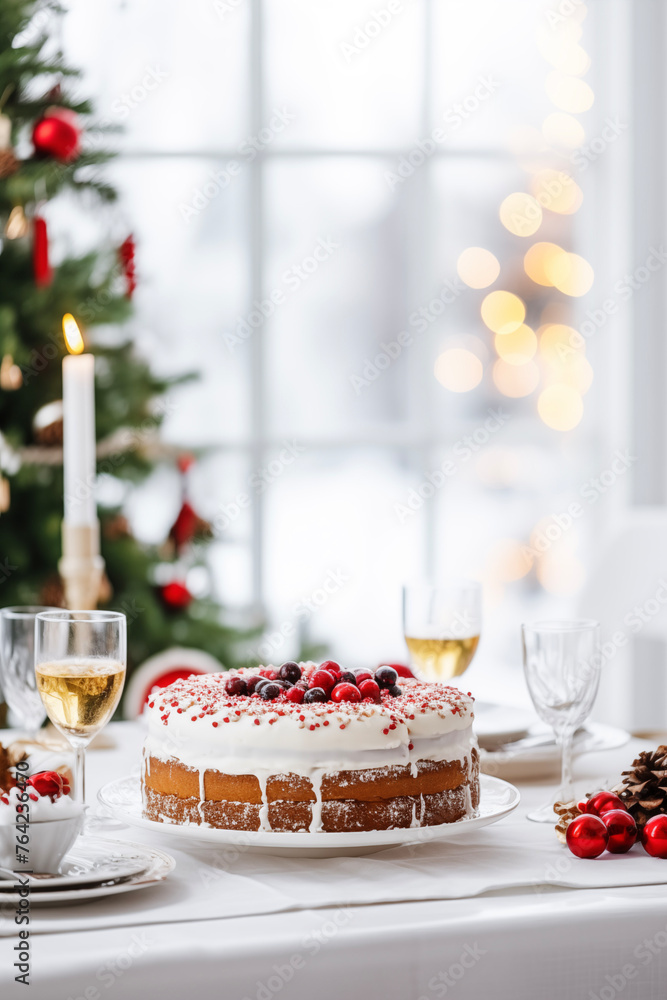 Christmas cake and sweets on table. Christmas decorations with lights background. Happy New Year! Christmas greeting card. Winter card template. Xmas concept. Holiday Banner. Christmas tableware. Christmas cake and sweets on table. Christmas decorations with lights background. Happy New Year! Christmas greeting card. Winter card template. Xmas concept. Holiday Banner. Christmas tableware.