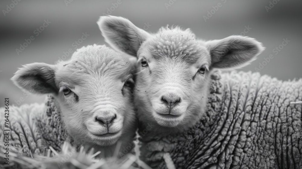Obraz premium sheep standing next to each other on a field of grass