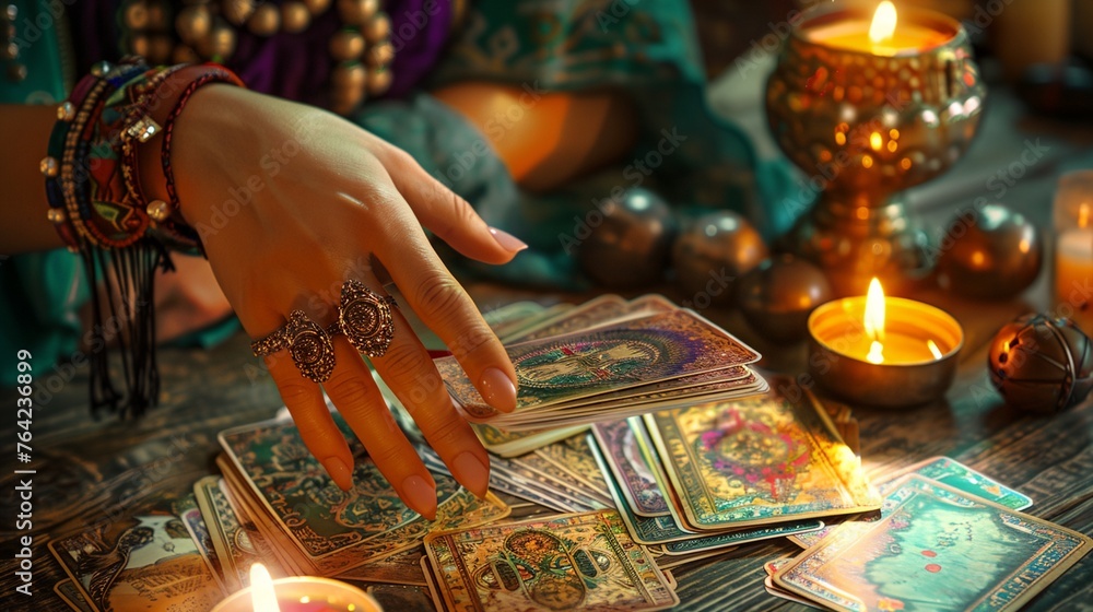 a person's hand reaching for a deck of cards on a table with candles