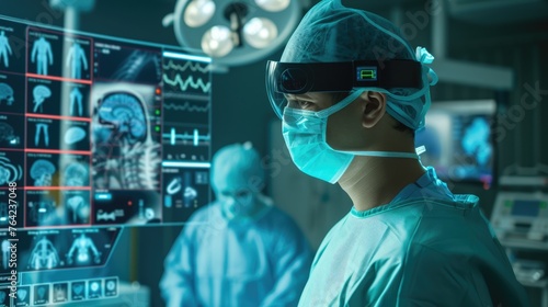 A surgeon, immersed in virtual reality, performs surgery on a patient in an electric blue-lit operating room, blending science, engineering, and the art of fiction. AIG41