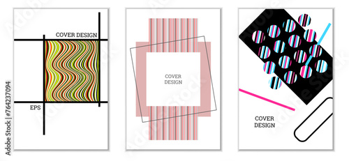 Geometric cover design, set of 3 covers. Abstract unusual background in Memphis style. Bright geometric shapes in random order