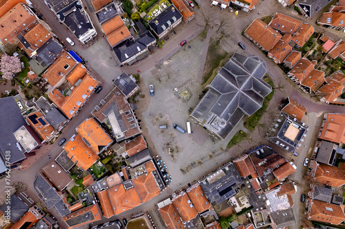 Top down view of artistic Dutch town Ootmarsum seen from above. Aerial of historic countryside town in Twente, The Netherlands