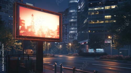 3d illustration of Blank street light billboard display at night street city. AI generated image © yusufadi