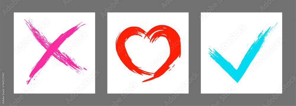 The cross, heart and OK symbol are hand-drawn with a brush. Prohibition, denial, error. Love. Approval, consent. Vector, set of 3 characters The cross, heart and OK symbol are hand-drawn with a brush. Prohibition, denial, error. Love. Approval, consent. Vector, set of 3 characters