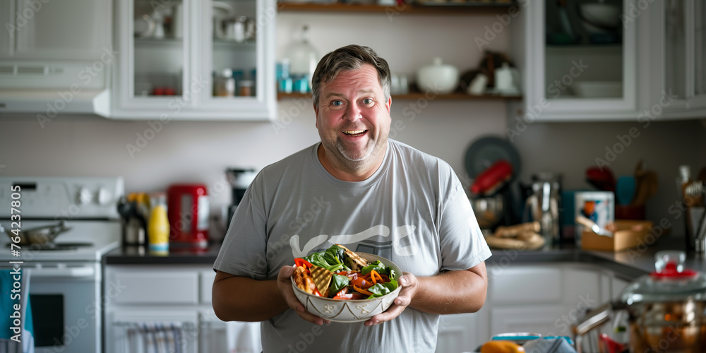 Cheerful Man Showcasing a Large Bowl of Salad in Kitchen