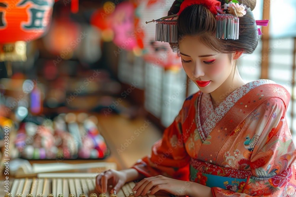 A woman in full geisha attire is focused on a game, enhancing the cultural feel of the scene