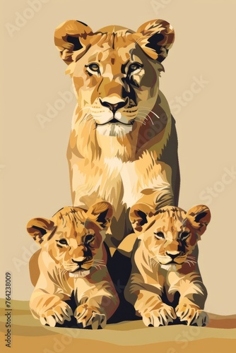 A lioness stands guard over her two playful cubs, demonstrating familial bonds and protective behavior in the wild © Vit