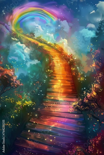 The painting depicts a stairway ascending towards a vibrant rainbow that spans across the sky, creating a magical and ethereal atmosphere