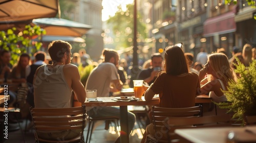 Back view of enjoying people outdoor street Coffee bar