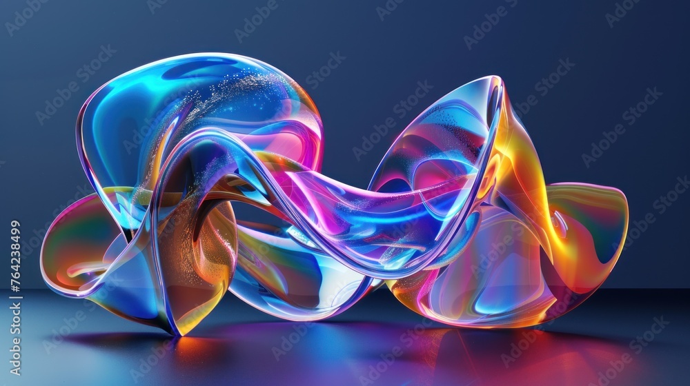 Abstract three dimensional render of wavy prism on blue background. AI generated image - obrazy, fototapety, plakaty 
