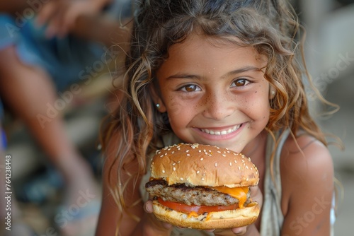 A smiling young girl with windswept hair joyfully holds a large burger outdoors