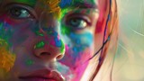 Portrait of a cute girl painted in the colors of Holi festival.