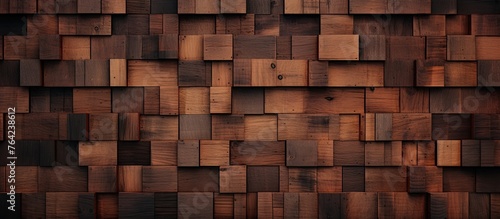 An image of a wooden wall adorned with multiple squares in various colors and sizes
