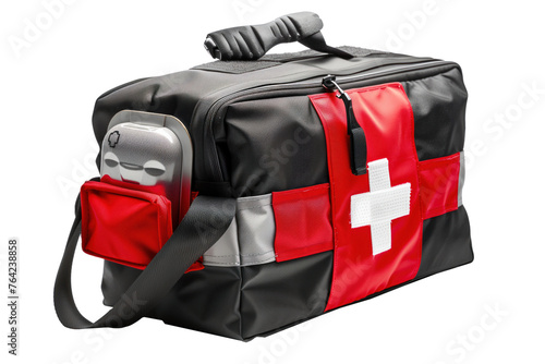Ambulance bag with medicines, black and red, isolated on a white or transparent background. Emergency medical bag close up, side view. Medical theme design element.
