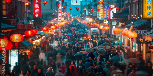 A street in the rain Metaverse Cyberpunk Night Market Interior Neon Lit Bazaar A bustling urban scene as a large crowd of people walks down a street lined with towering buildings A bustling.
