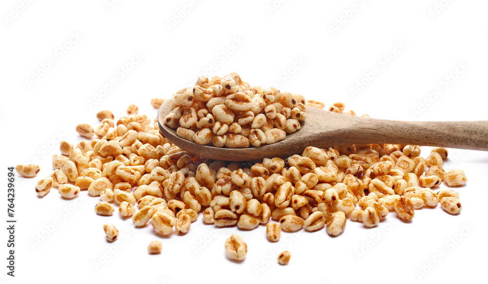 Puffed wheat cereal flakes with honey in wooden spoon isolated on white, side view Puffed wheat cereal flakes with honey in wooden spoon isolated on white, side view