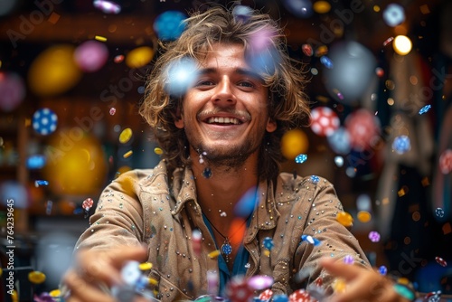 Excited young man tossing multicolored confetti into the air, celebrating with joy photo