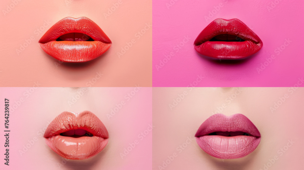 Obraz premium Beautiful lips. 4 abstract colorful lips on different backgrounds. Background for design.