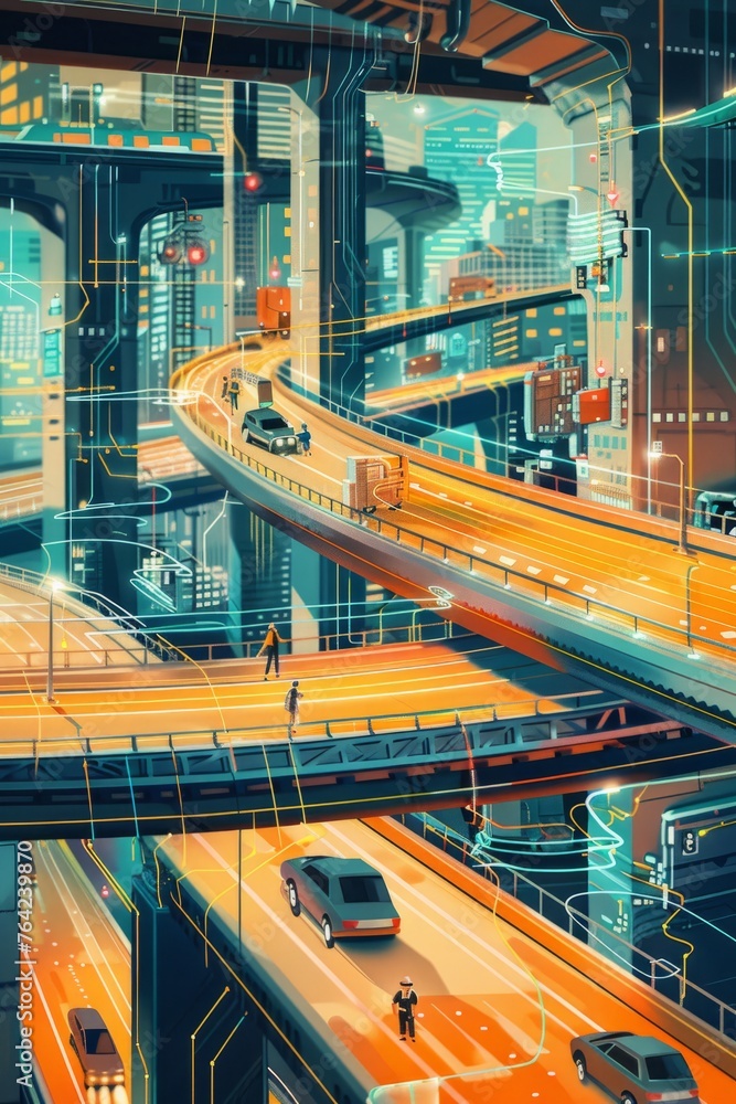 Fototapeta premium A detailed painting depicting a cityscape with multiple cars driving across a bridge. The scene captures the hustle and bustle of urban life with various buildings and vehicles
