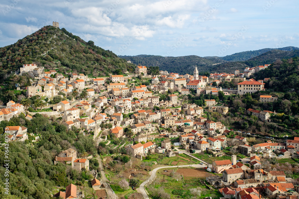 View of the village of Lastovo, located on the top of the hill on the northern edge of the Island. Travel to Croatia island. Rural tourism.