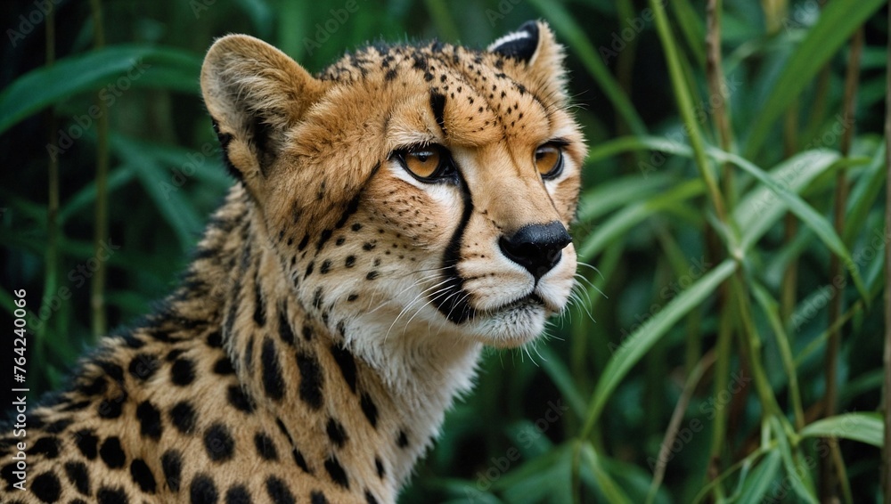 Close up view of majestic cheetah showcasing its distinctive spotted coat and intense gaze, beautifully contrasted against the lush, green backdrop of a tropical jungle Close up view of majestic cheetah showcasing its distinctive spotted coat and intense gaze, beautifully contrasted against the lush, green backdrop of a tropical jungle