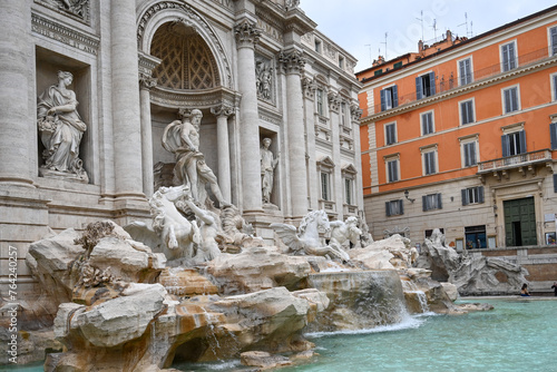 Detail of the Trevi Fountain or “Fontana di Trevi”. It the largest Baroque fountain in Rome, Italy, and one of the most famous fountains in the world. UNESCO World Heritage Site