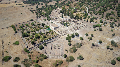 Aerial drone view of the Caliphate City of Medina Azahara in Cordoba. Archaeological site. Unesco World Heritage, Spain. Ancient civilization. Historic place. Touristic destination for holidays.