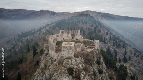 Aerial drone view of the Medieval Fortress in Blagaj or Stjepan Grad in Bosnia and Herzegovina. © stu.dio