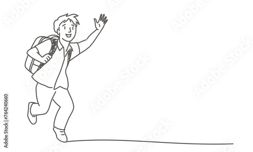 A boy is running with a backpack on