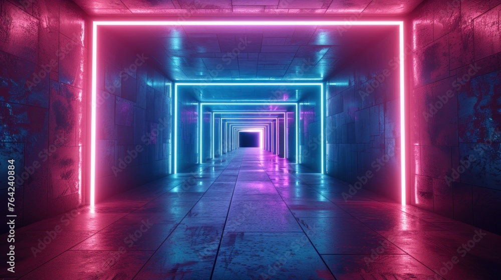 Abstract glowing tunnel perspective with neon lights illumination background. AI generated image Abstract glowing tunnel perspective with neon lights illumination background. AI generated image