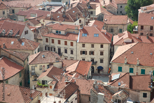 Top view of the tiled roofs of the old town of Kotor, Montenegro.