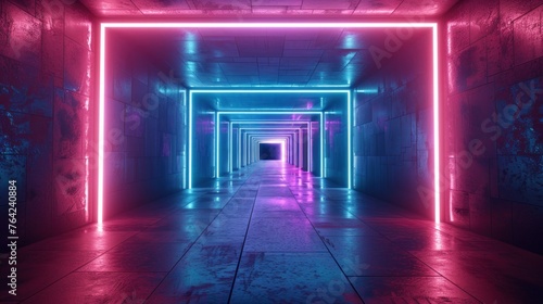 Abstract glowing tunnel perspective with neon lights illumination background. AI generated image
