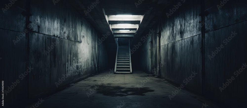In a dim hallway, there is a ladder ascending towards a glowing light at the top