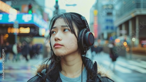 A young Asian woman waits for a taxi on a city street. She wears headphones and listens to music. The photograph has a grainy effect to mimic the look of old film cameras.