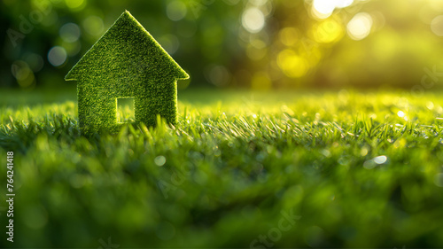 Abstract small green house on a green beautiful lawn