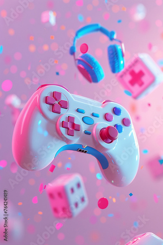 3D render of a video game controller with a pink background and colorful icons for gaming The style is cartoonlike photo