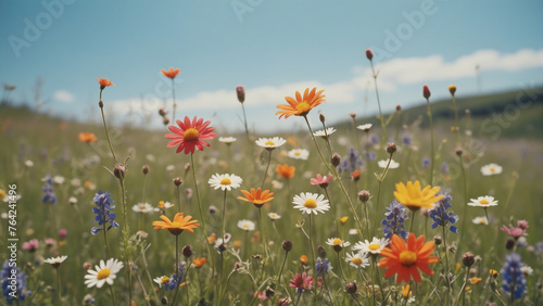 A close-up shot of vibrant wildflowers blooming in a meadow under a clear blue sky © Big