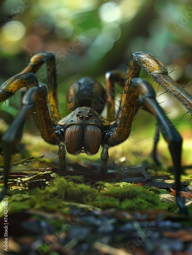 A Brazilian Wandering Spider in a defensive stance, its venomous fangs exposed, against the backdrop of a tropical forest floor photo