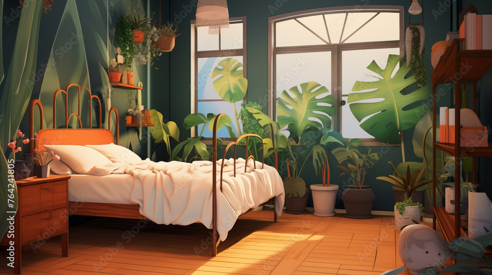 Quarto de dormir com plantas tropicais - Ilustração - obrazy, fototapety, plakaty 