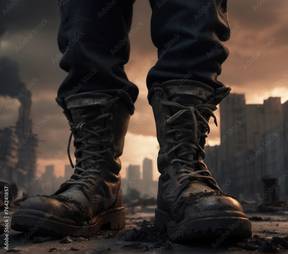 Military boots, post-apocalyptic city in background, city in smoke Military boots, post-apocalyptic city in background, city in smoke