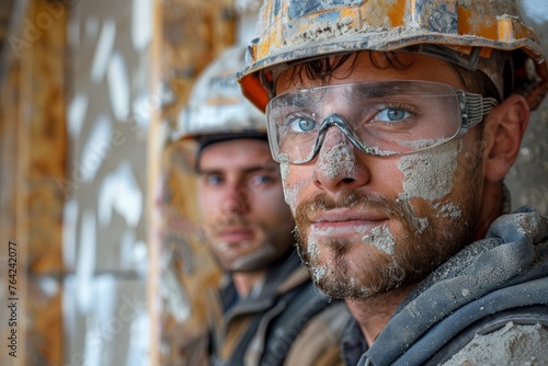 Two construction workers with protective gear and faces covered in dust looking at camera © Dacha AI
