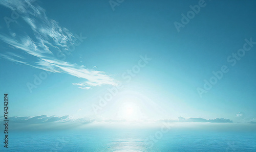 Serene ocean landscape with clear sky. Calm sea horizon and tranquil clouds design for relaxation background, wallpaper, or meditation poster with copy space