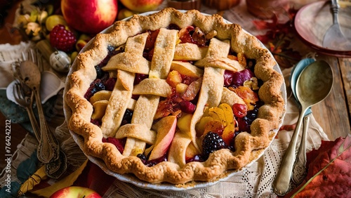Pie with berries and apple fruits concept bakery dessert food (ID: 764242212)