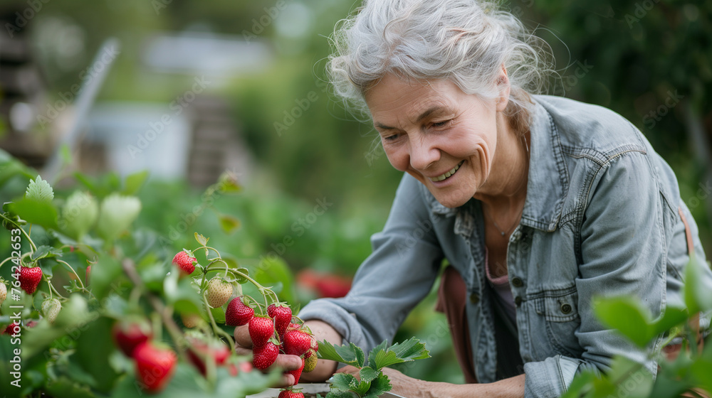 Smiling woman picking strawberries in a garden. Smiling woman picking strawberries in a garden.