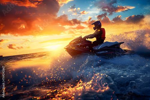 Thrilling Action of Jet Ski Adventure on Sparkling Waters Under a Vivid Sunset