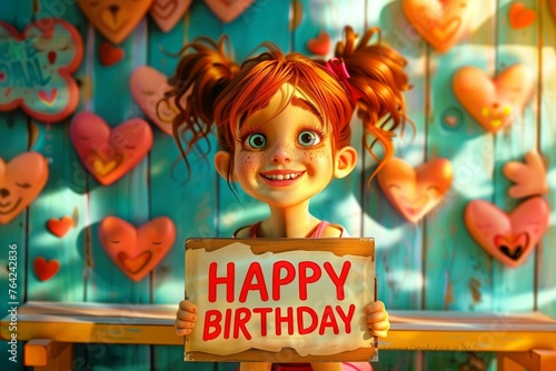 A cute smiling girl sits on a bench with red hearts on the wall in background and holds a sign “happy birthday”. Concept of congratulation cards. 